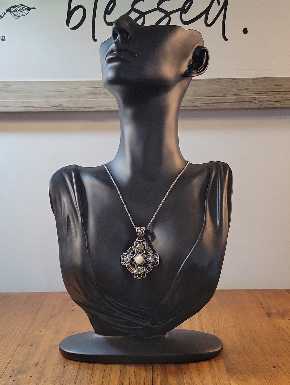 Vintage Cross Pendant Sterling Silver 925 18K Mop Aqua Blue Topaz Peridot